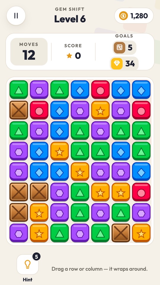 Gem Shift board of colored, shaped gems and crates