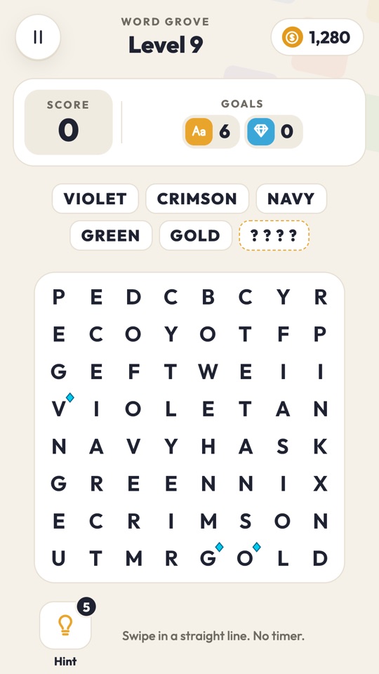 Word Grove letter grid with a mystery word